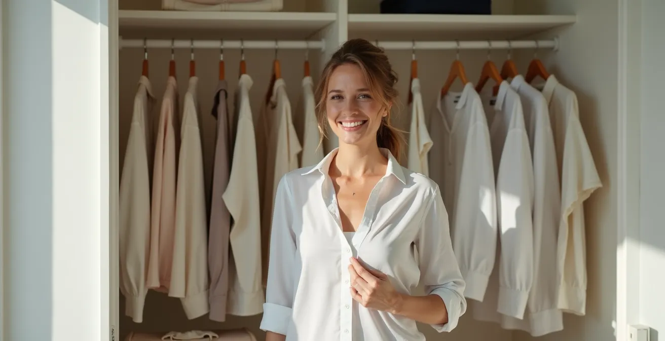 Eine Person steht zufrieden vor ihrem minimalistisch organisierten Kleiderschrank, der das Ergebnis einer 6-monatigen Transformation zu nachhaltiger Mode ist.