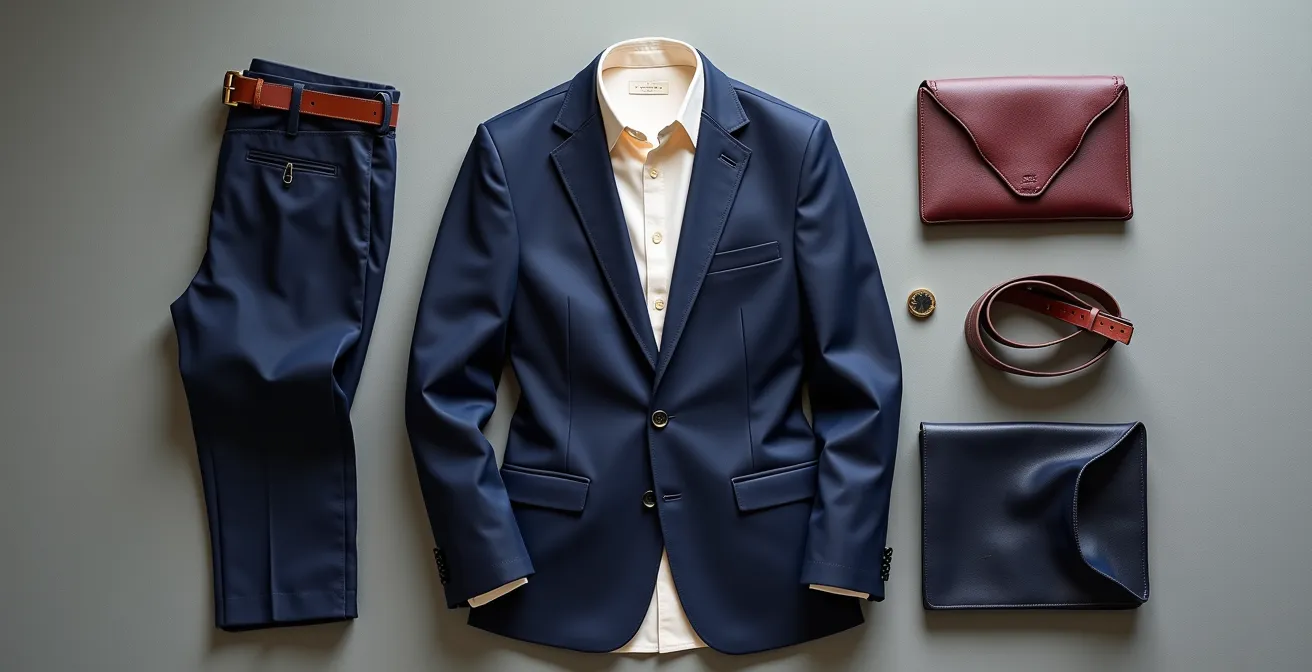 Professionelles Business-Outfit nach der 60-30-10-Regel arrangiert