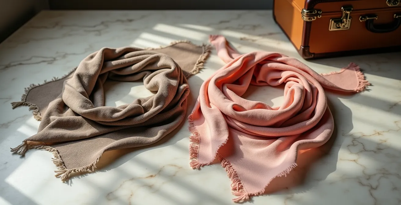 Kunstvolle Arrangement von Reise-Accessoires wie Seidenschals und Wolltüchern in verschiedenen Texturen auf einer Marmoroberfläche.