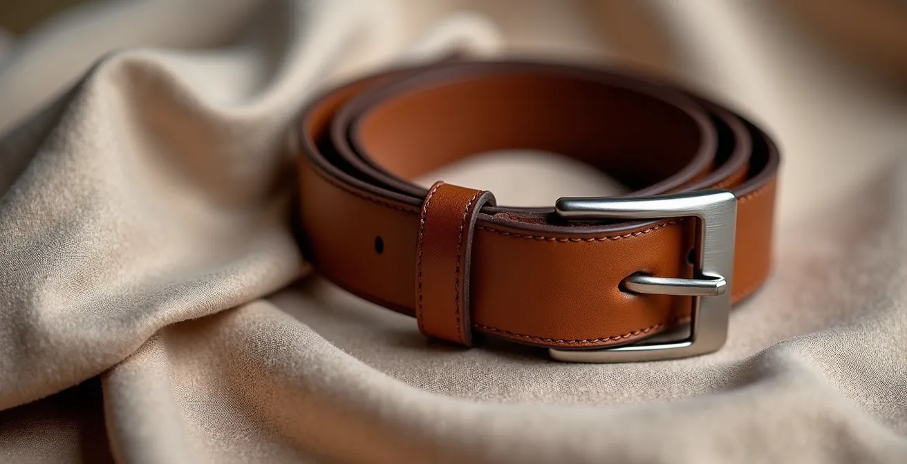 Nahaufnahme hochwertiger Ledergürtel und Seidentuch auf minimalistischem Hintergrund