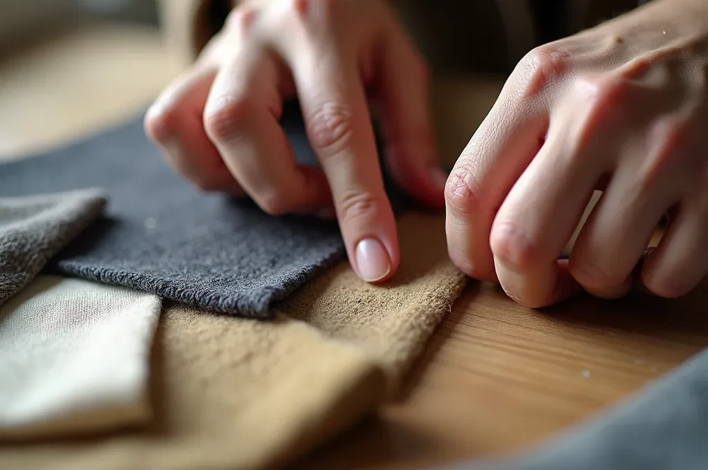 Makroaufnahme von Händen, die verschiedene Stoffmuster berühren und erfühlen