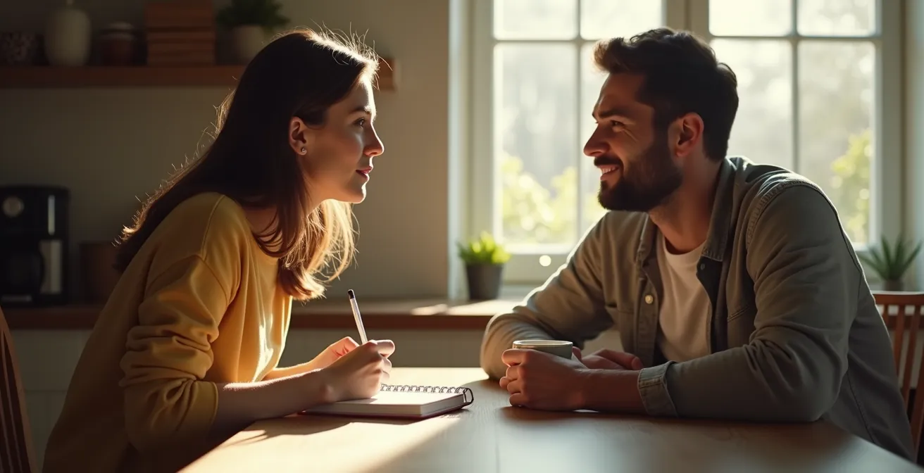 Visuelle Darstellung der Bedürfnisanalyse-Methode für sinnvolle Geschenke, bei der zwei Personen im Gespräch vertieft sind.