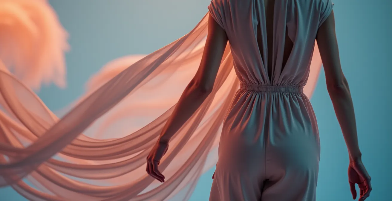 Detailaufnahme von fließenden Stoffen und cleveren Schnitten, die Bewegungsfreiheit in eleganter Kleidung zeigen.