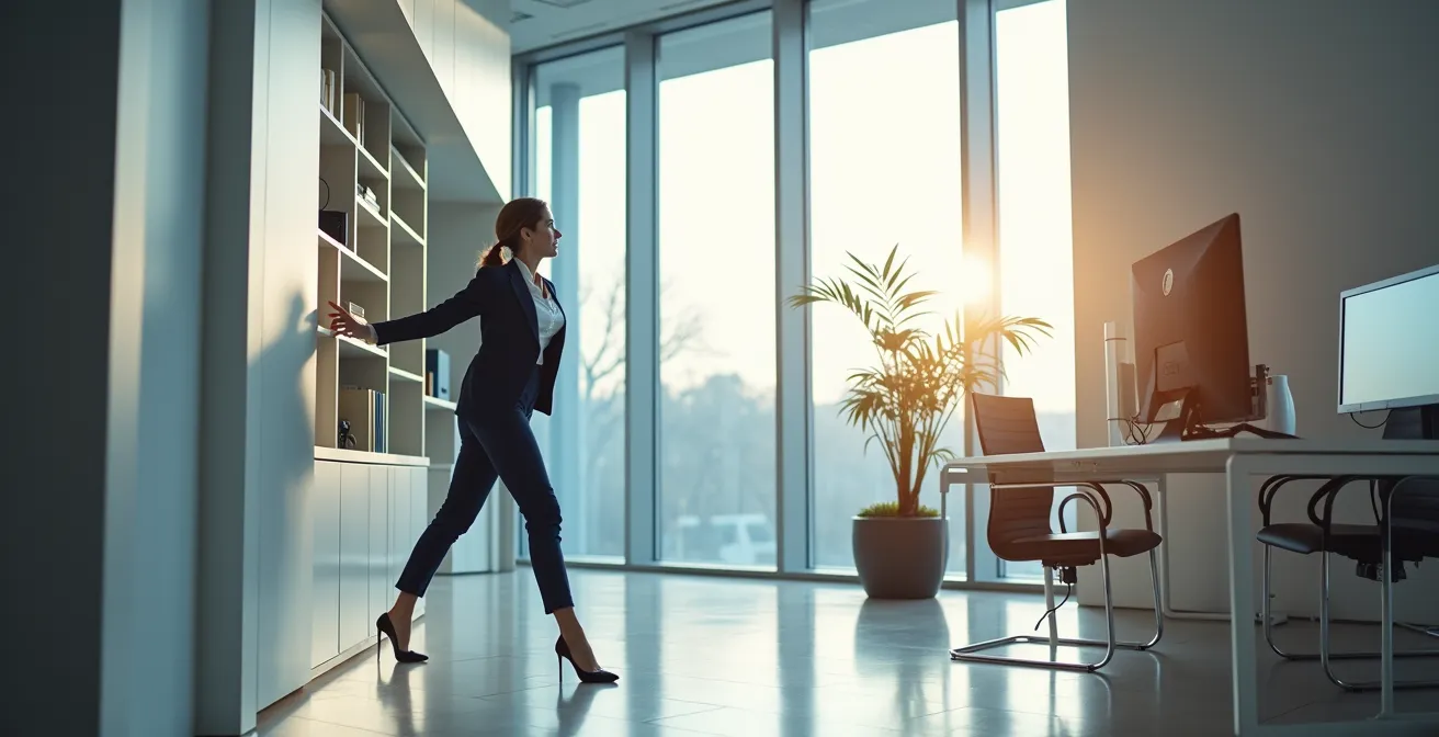 Frau testet Beweglichkeit in elegantem Business-Outfit