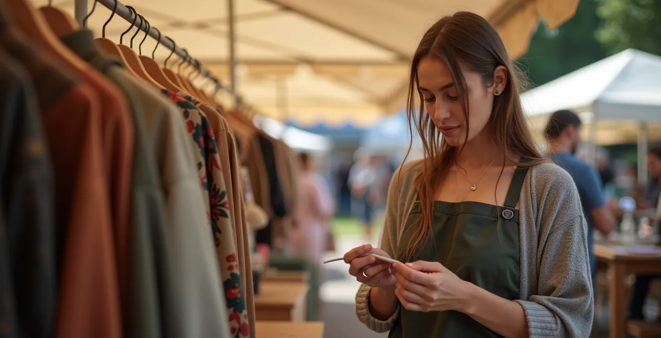 Frau wählt achtsam ein handgefertigtes Kleidungsstück auf einem deutschen Kunsthandwerkermarkt aus