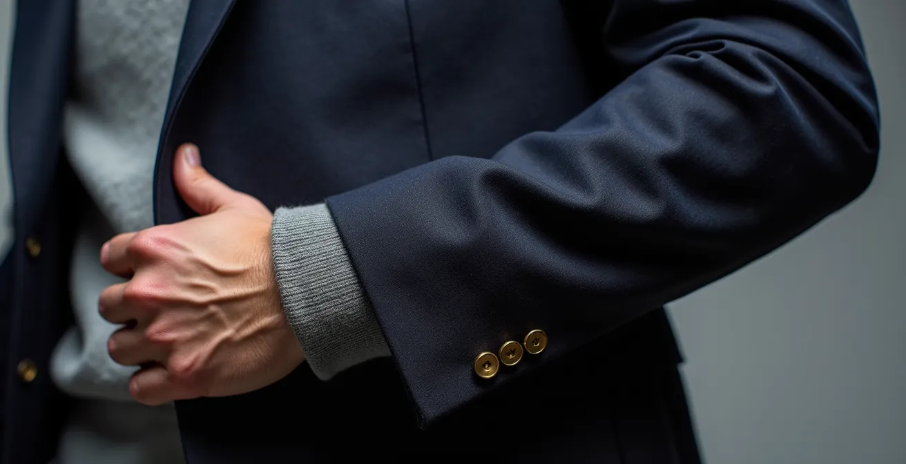 Detailaufnahme eines hochwertigen Blazers, der die Textur und Qualität des Stoffes zeigt, kombiniert mit einem lässigen Unterteil.