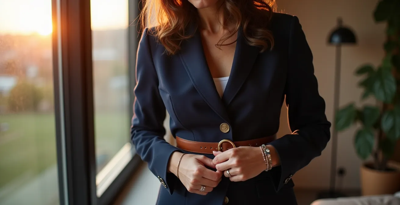Klassischer Blazer mit modernen Styling-Elementen wie Gürtel und Brosche