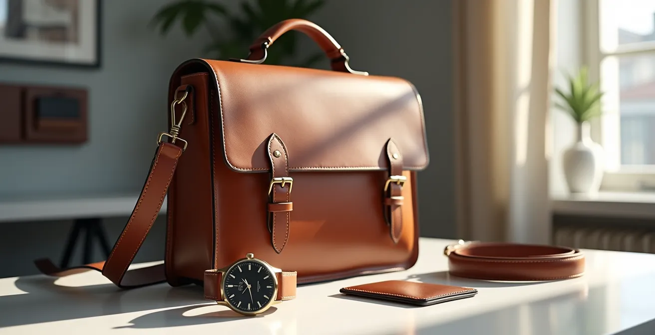 Stilvolle Leder-Messenger-Bag mit Business-Accessoires auf Schreibtisch