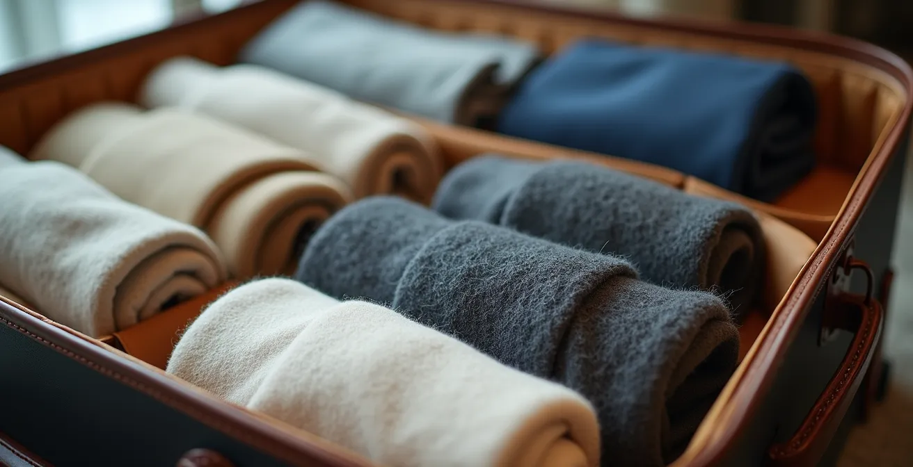 Minimalistisch gepackter Koffer mit koordinierten Kleidungsstücken in neutralen Tönen, die ordentlich gerollt sind.