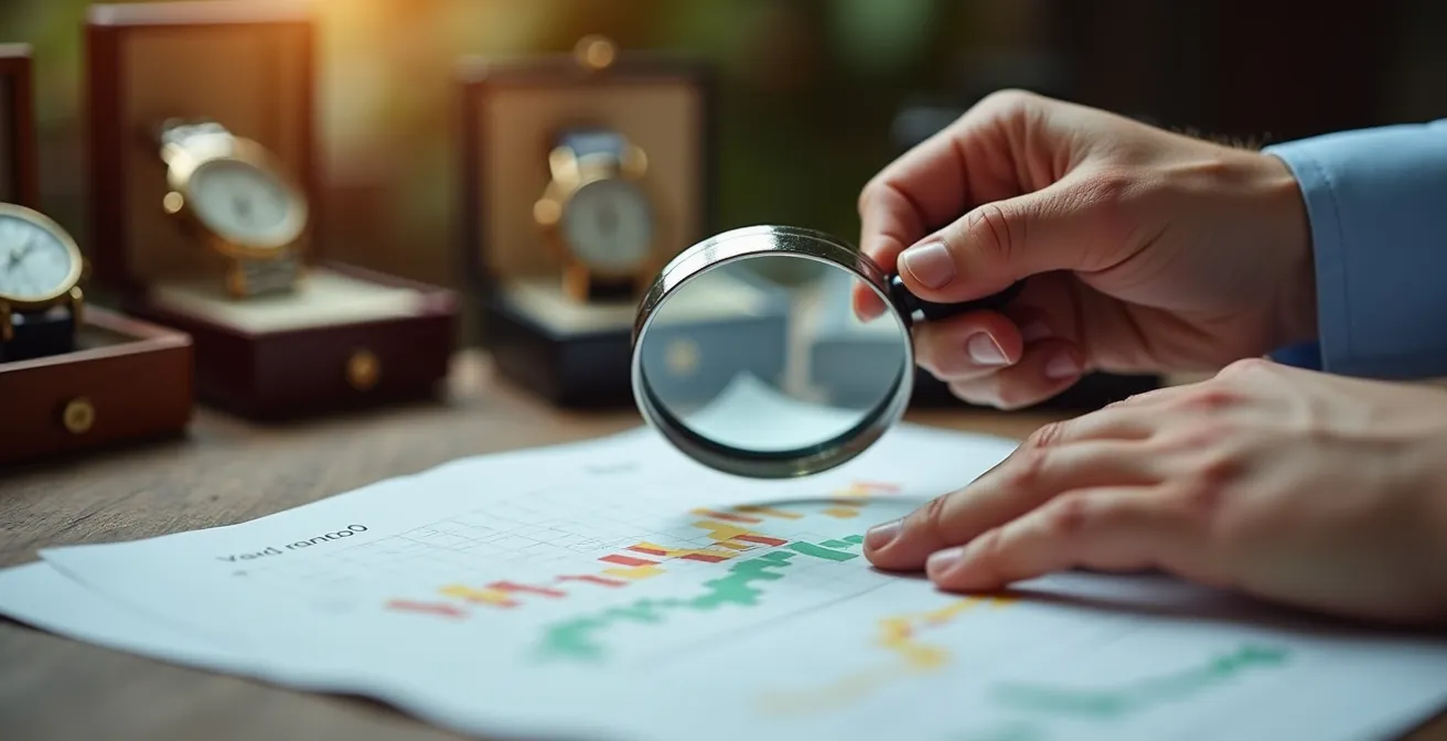 Hände analysieren mit einer Lupe Charts zur Wertentwicklung von Uhren auf einem Holztisch.
