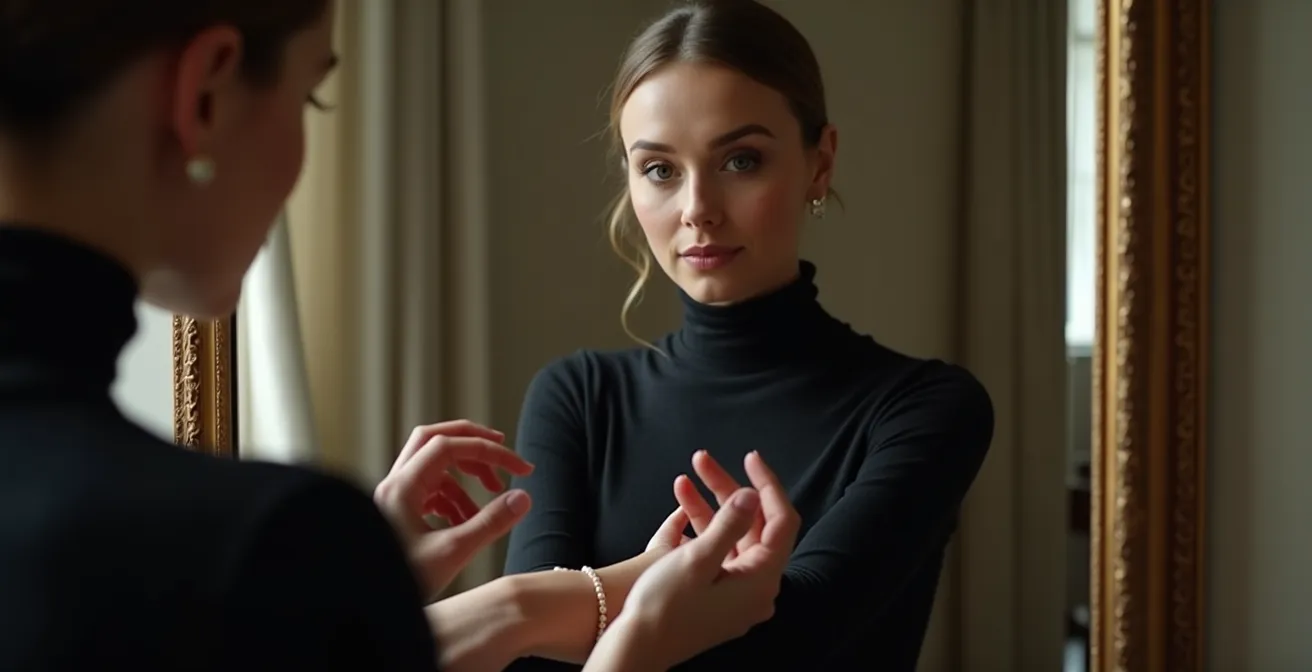 Frau entfernt ein Accessoire vor dem Spiegel für ein eleganteres Outfit