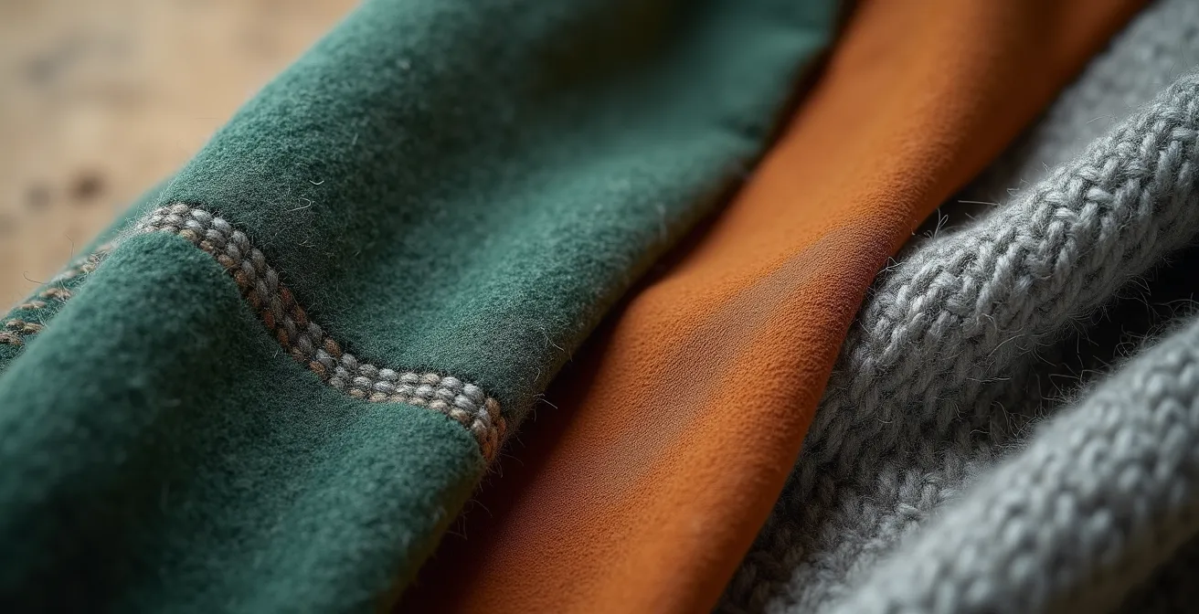 Detailaufnahme von hochwertigen deutschen Stoffen wie Loden, Leder und Merinowolle