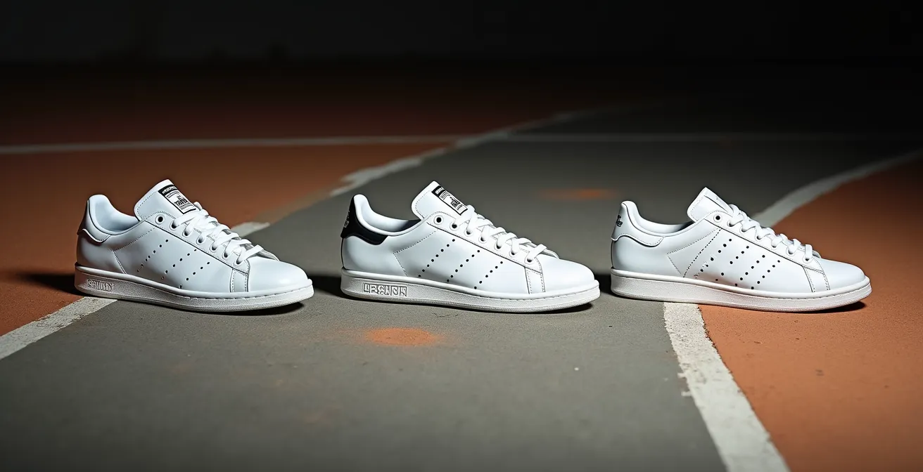 Visuelle Evolution des weißen Sneakers von einem Vintage-Modell über einen Klassiker bis zu einem modernen, minimalistischen Design.