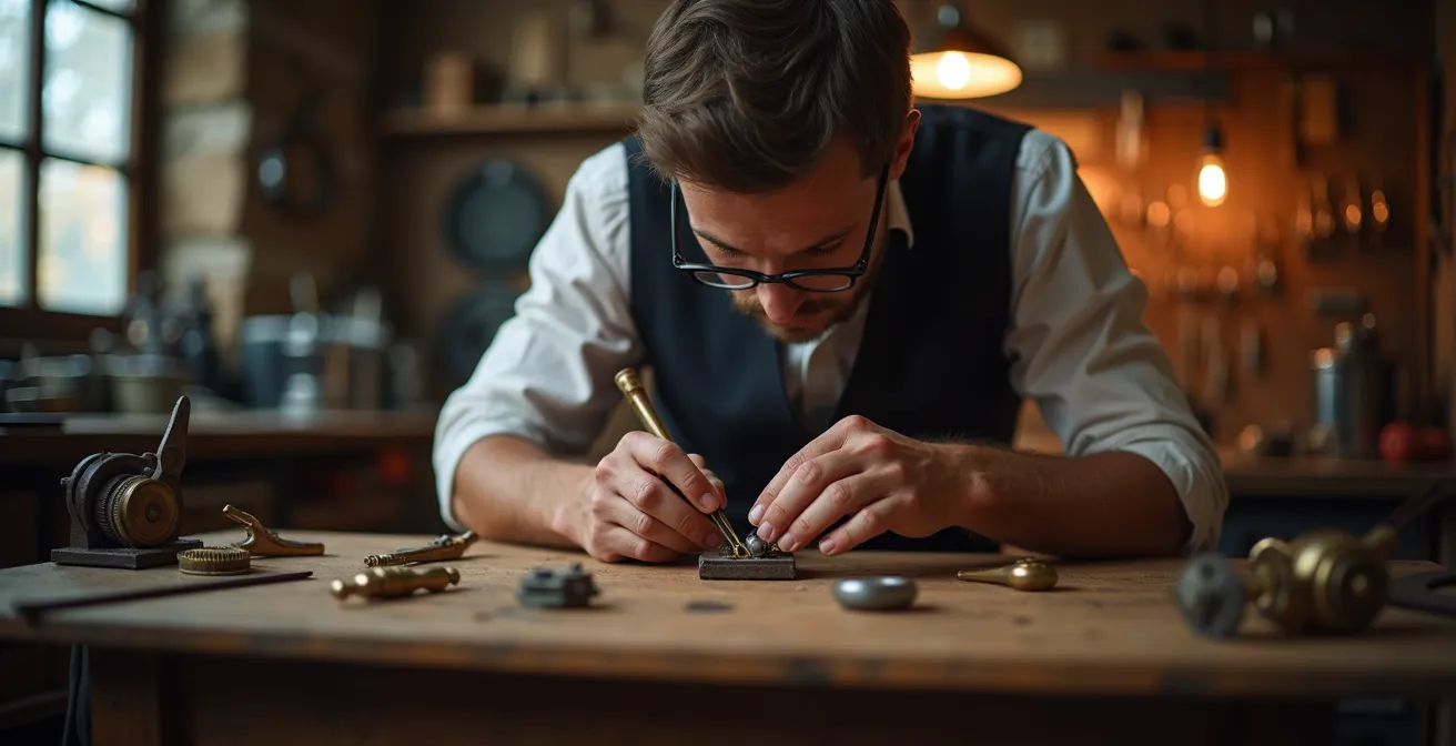 Uhrmacher bei der Arbeit in einer deutschen Manufaktur mit traditionellen Werkzeugen