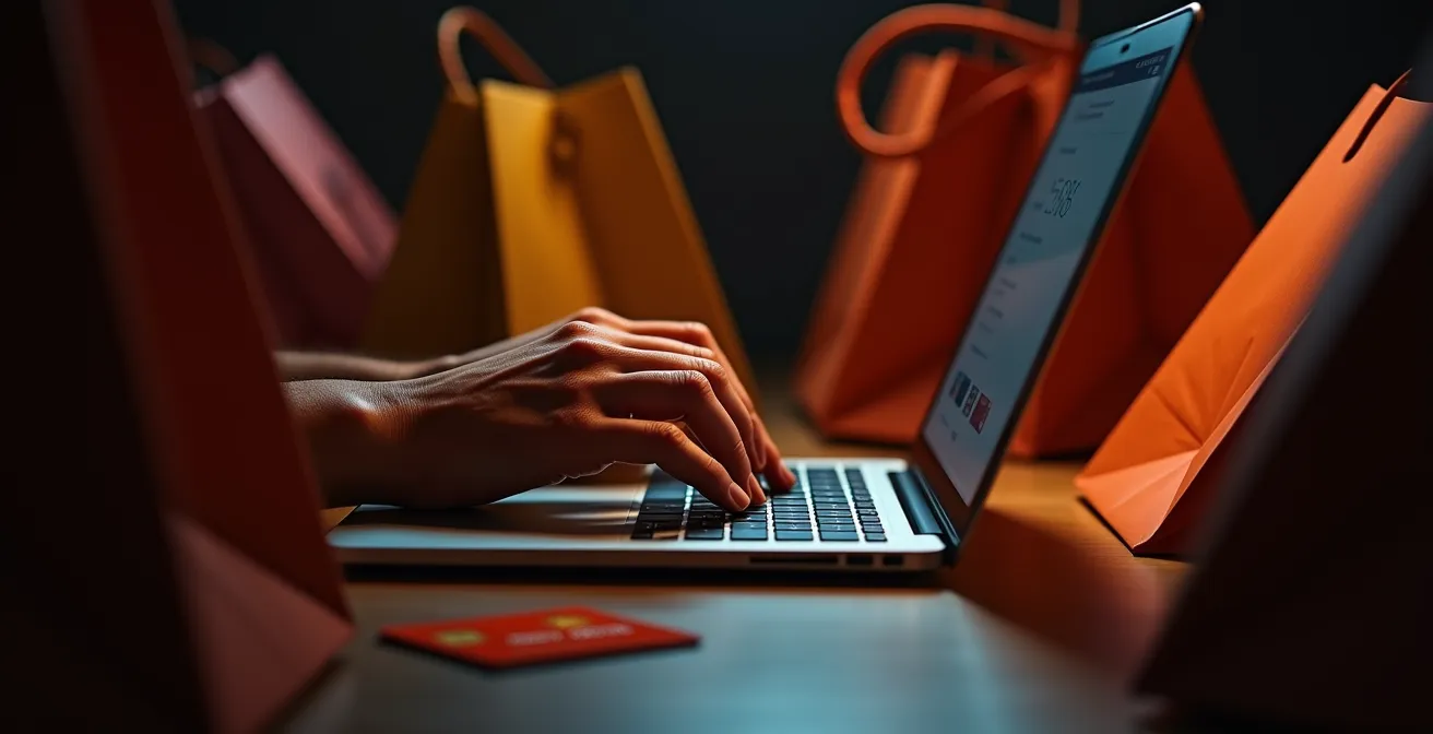 Visualisierung des Dopamin-Rauschs beim Online-Shopping mit angedeuteten deutschen Zahlungsmethoden