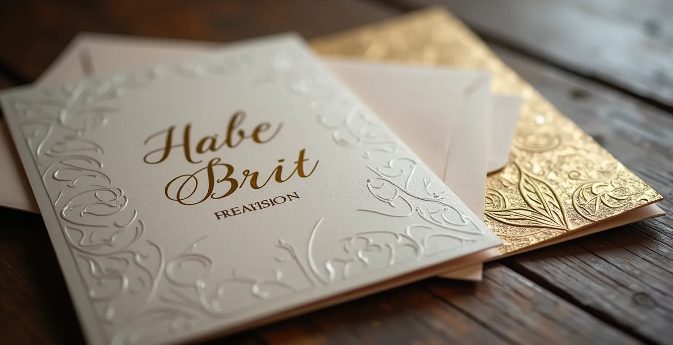 Elegante Einladungskarten mit verschiedenen Papierqualitäten und Prägungen auf Marmortisch