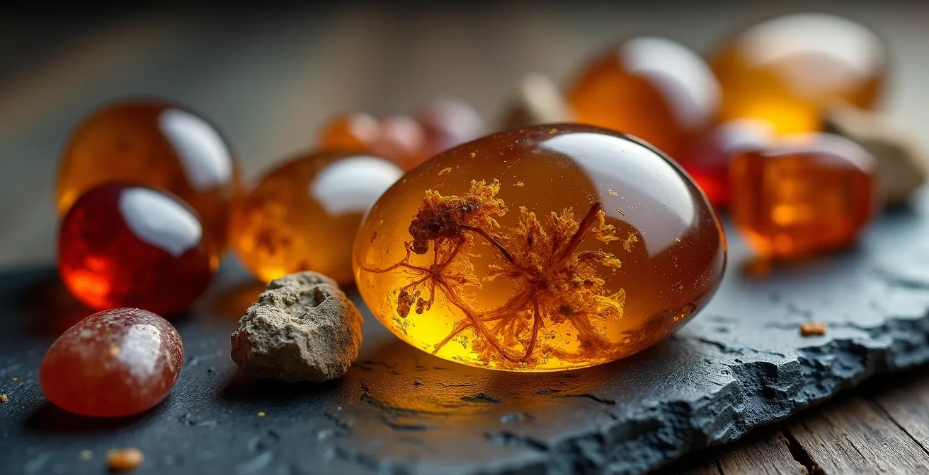 Makroaufnahme verschiedener Edelsteine und Bernstein aus der Ostsee