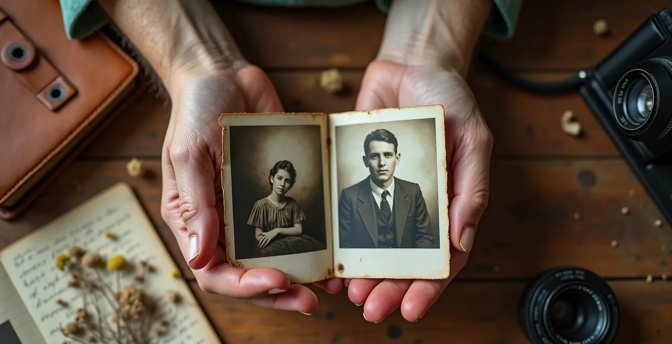 Hände halten alte Familienfotos mit verschwommenen nostalgischen Elementen im Hintergrund