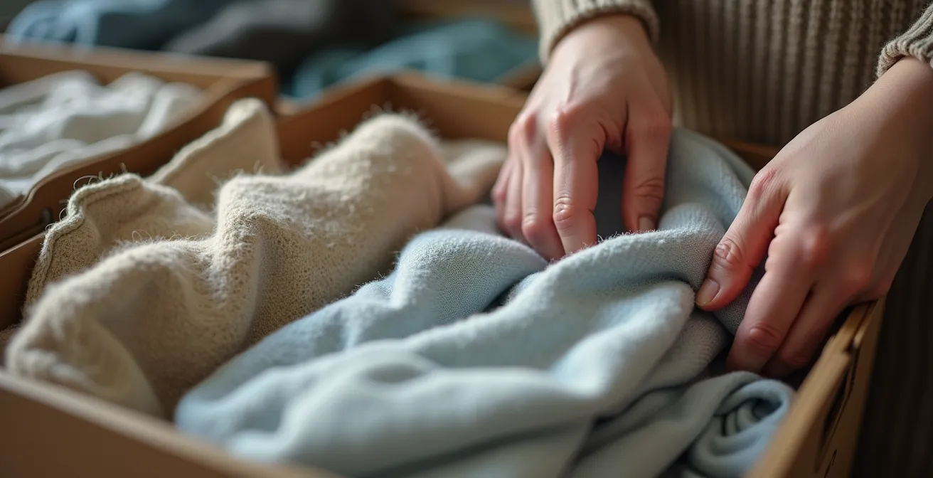Hände sortieren achtsam Kleidungsstücke in Aufbewahrungs- und Spendenboxen