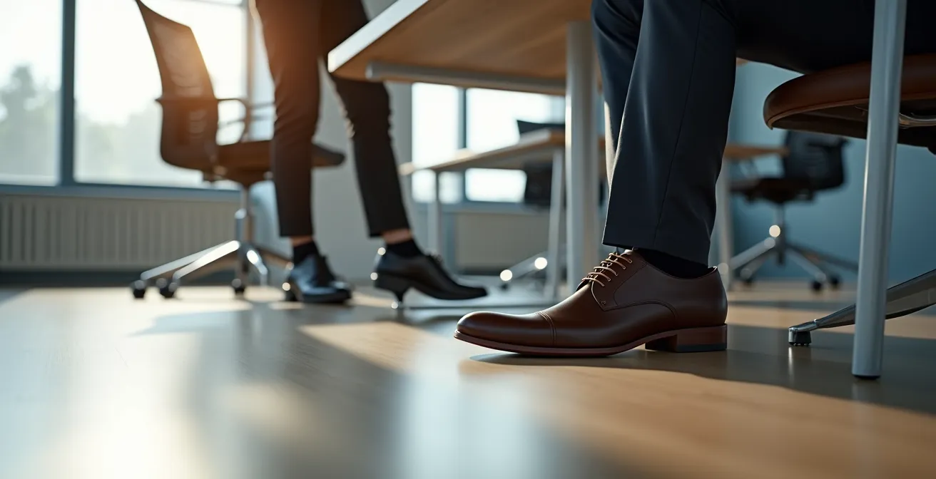 Elegante Businessschuhe mit Komfort-Features in einem minimalistischen deutschen Büroumfeld
