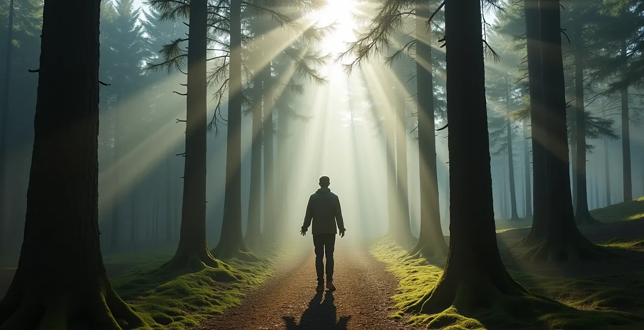 Person genießt meditative Waldatmosphäre im deutschen Schwarzwald