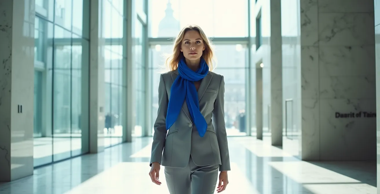 Farbstrategische Outfit-Komposition mit gezielten Akzenten, die eine Frau in einem neutralen Anzug mit einem blauen Schal zeigt, der den Blick auf ihr Gesicht lenkt.