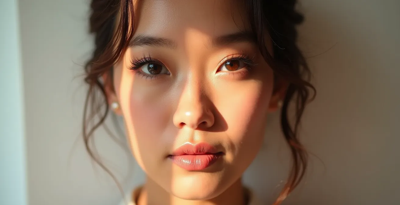 Vergleichsaufnahme zeigt Make-up unter Blitzlicht und normalem Licht