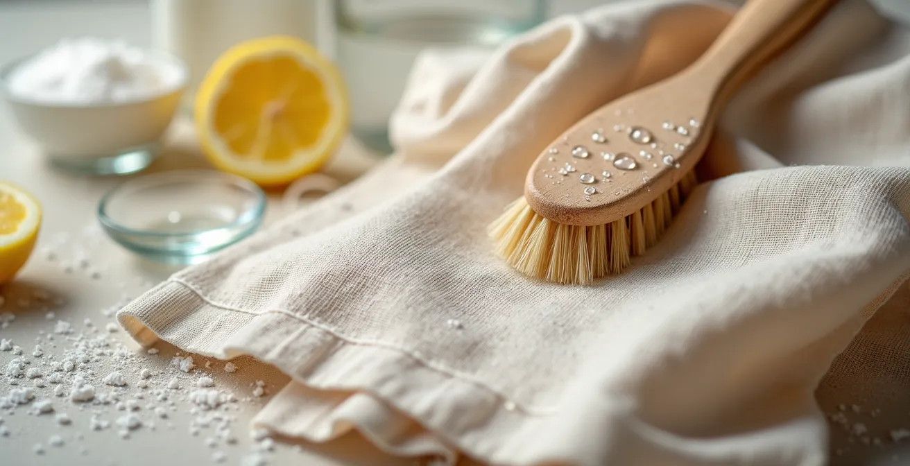 Natürliche Fleckenentfernungsmittel und sanfte Behandlungstechniken auf einer empfindlichen Stoffoberfläche.