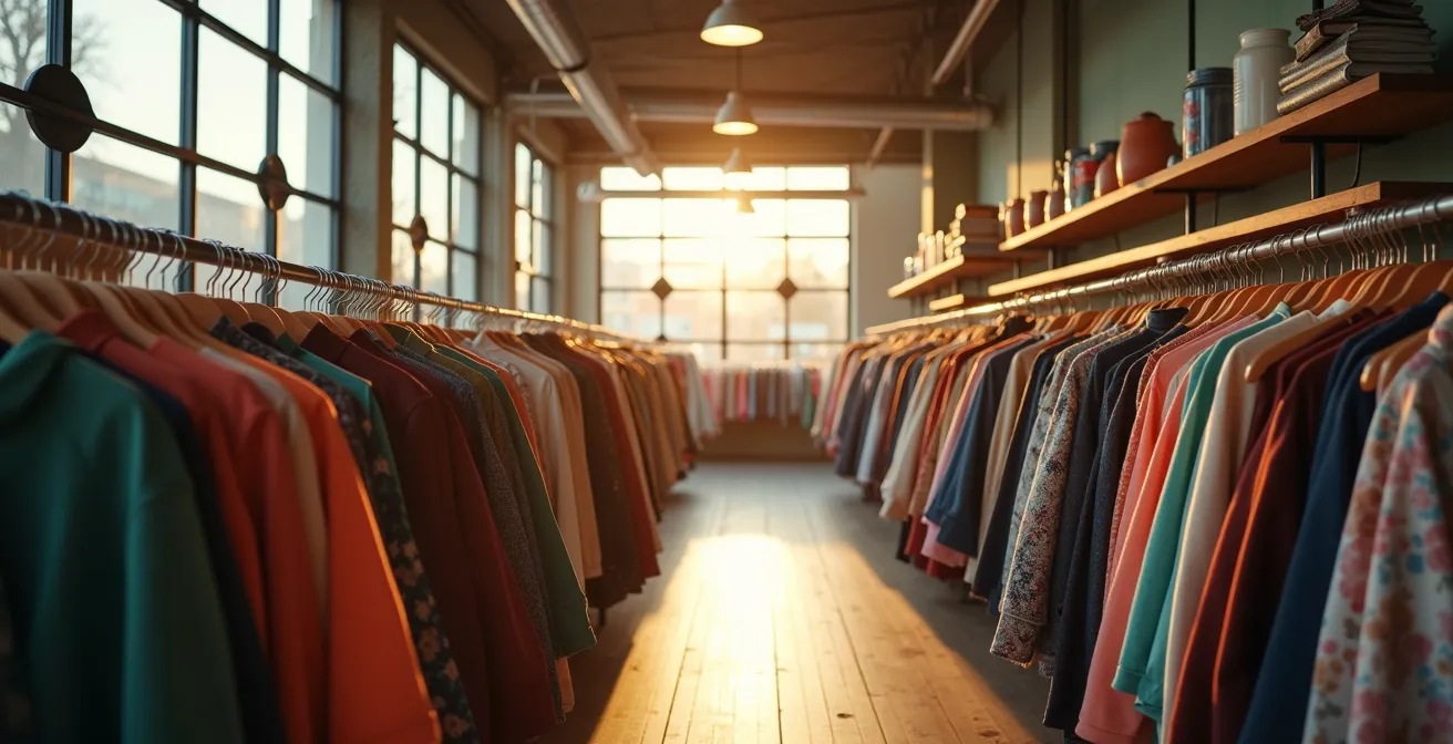 Secondhand-Laden im Frühjahr mit vollen Kleiderständern in warmem Nachmittagslicht