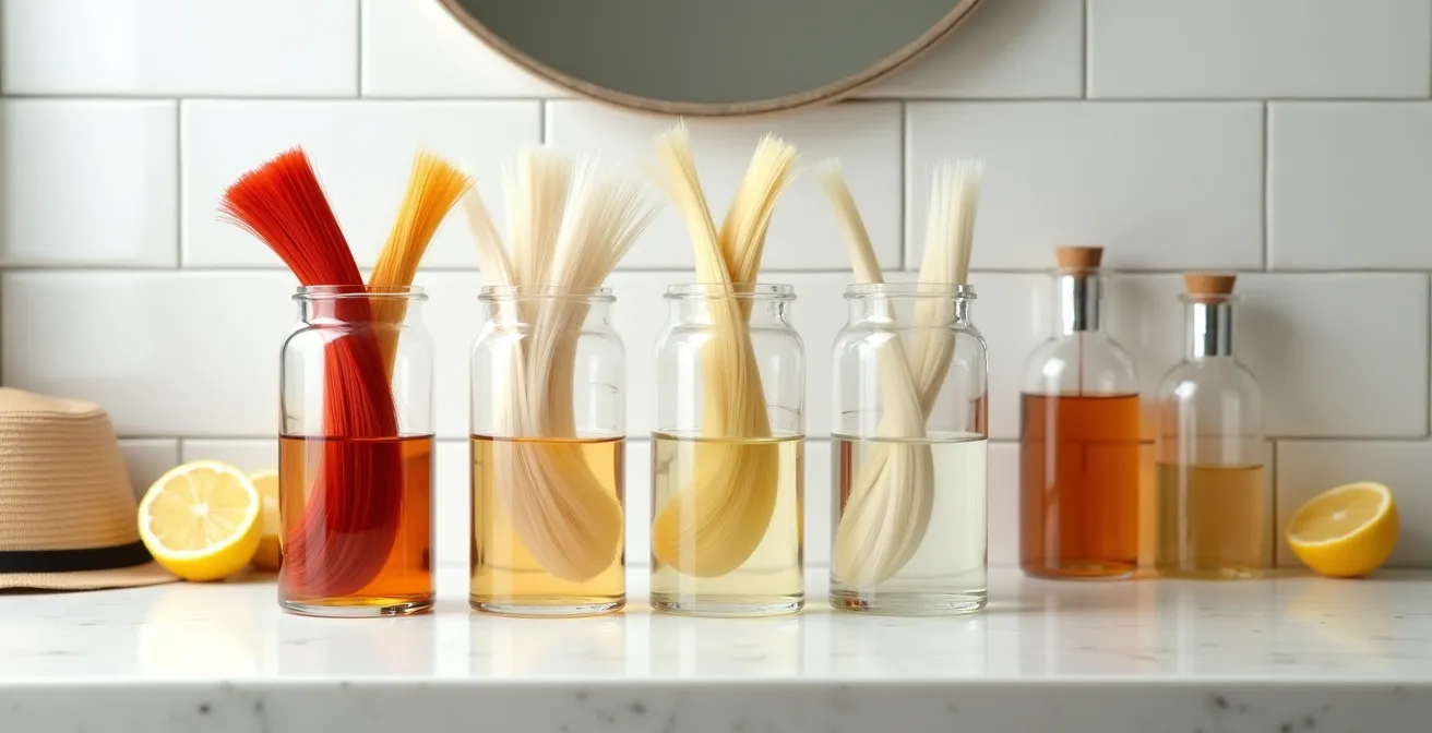 Verschiedene Pflegeprodukte für gefärbtes Haar neben einem Hut als Symbol für UV-Schutz in einem minimalistischen Badezimmer.