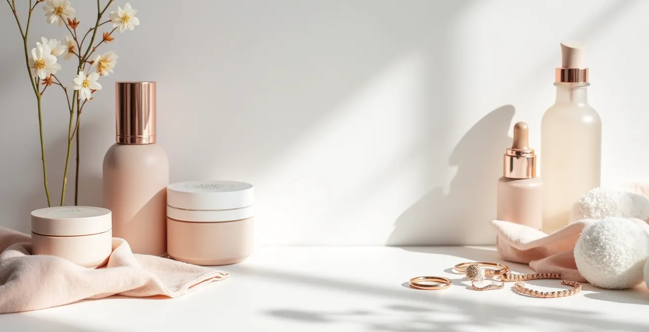 Minimalistisches Flatlay zeigt harmonisch abgestimmte Kleidung, Make-up und Accessoires