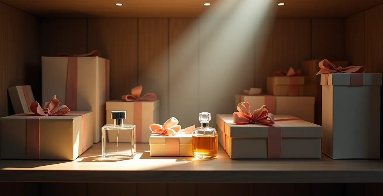 Stapel ungenutzter Geschenke in einem Schrank, die Staub ansammeln