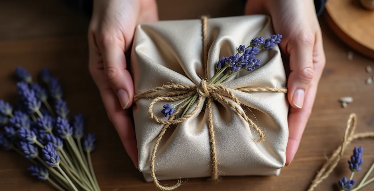 Kreativ verpacktes Geschenk mit Furoshiki-Tuch und natürlichen Materialien wie getrocknetem Lavendel