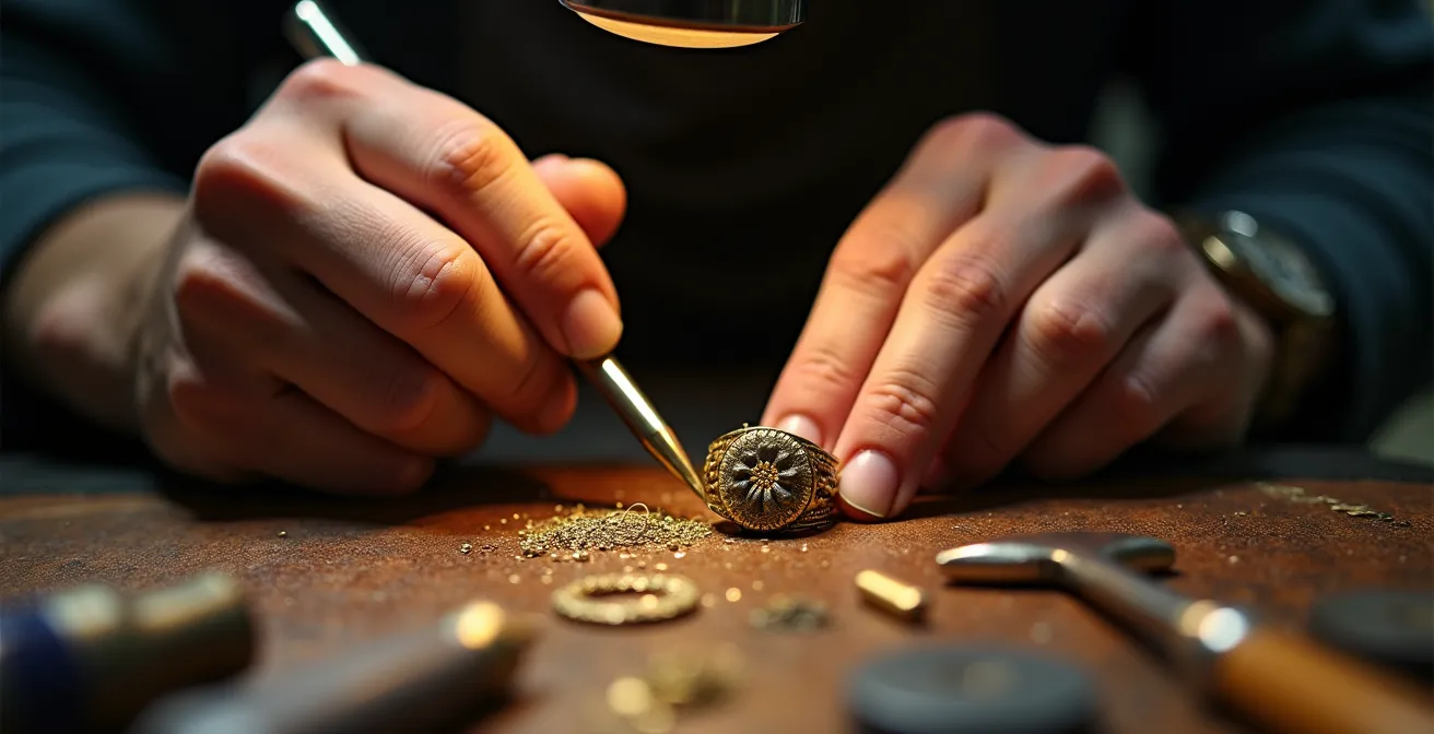 Nahaufnahme von Goldschmiedhänden bei der Umarbeitung eines antiken Rings