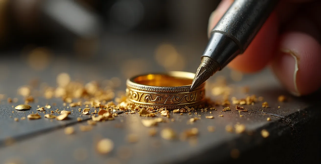 Makroaufnahme einer Gravur auf goldenem Ring mit unscharfem Hintergrund