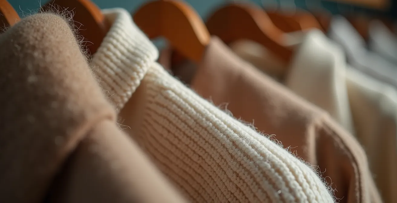 Nahaufnahme von Händen die Kaschmir-Stoff in einem Secondhand-Laden prüfen