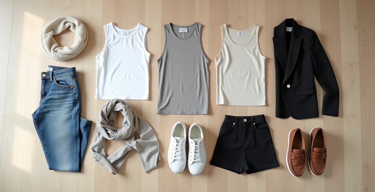 Flach gelegte Kleidungsstücke nach der 5-4-3-2-1-Regel arrangiert