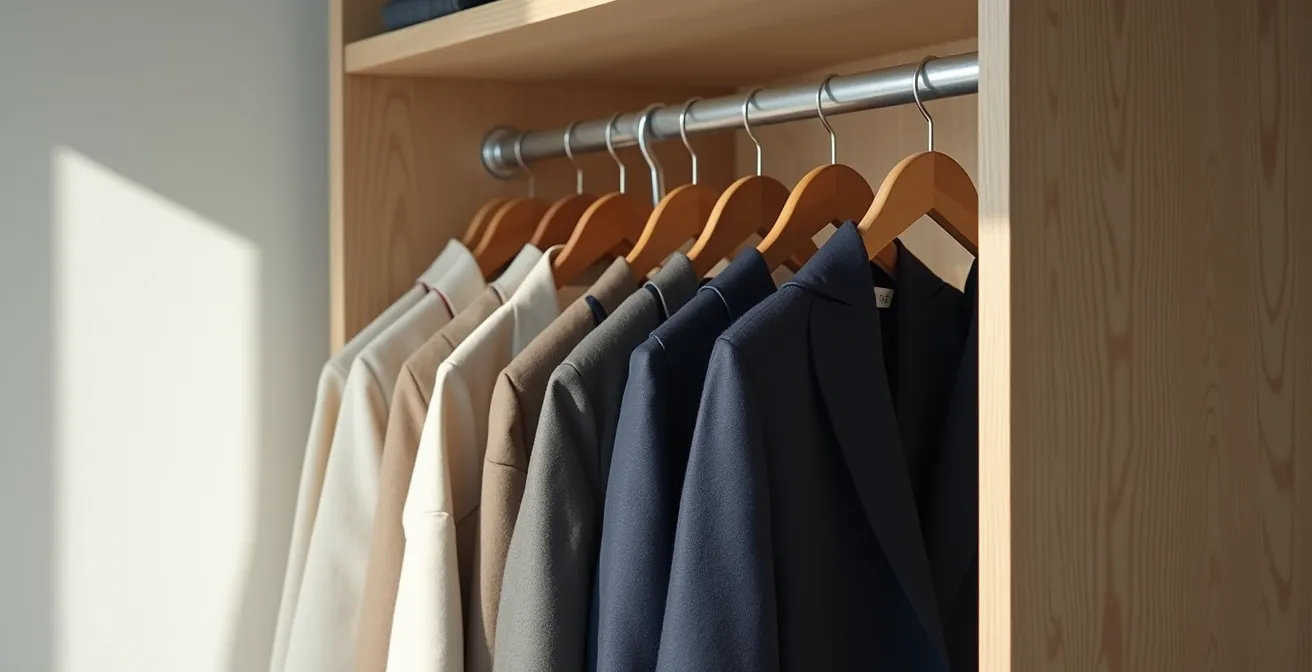 Minimalistisch organisierter Kleiderschrank mit hochwertigen Basics in neutralen Tönen, der mentale Klarheit symbolisiert