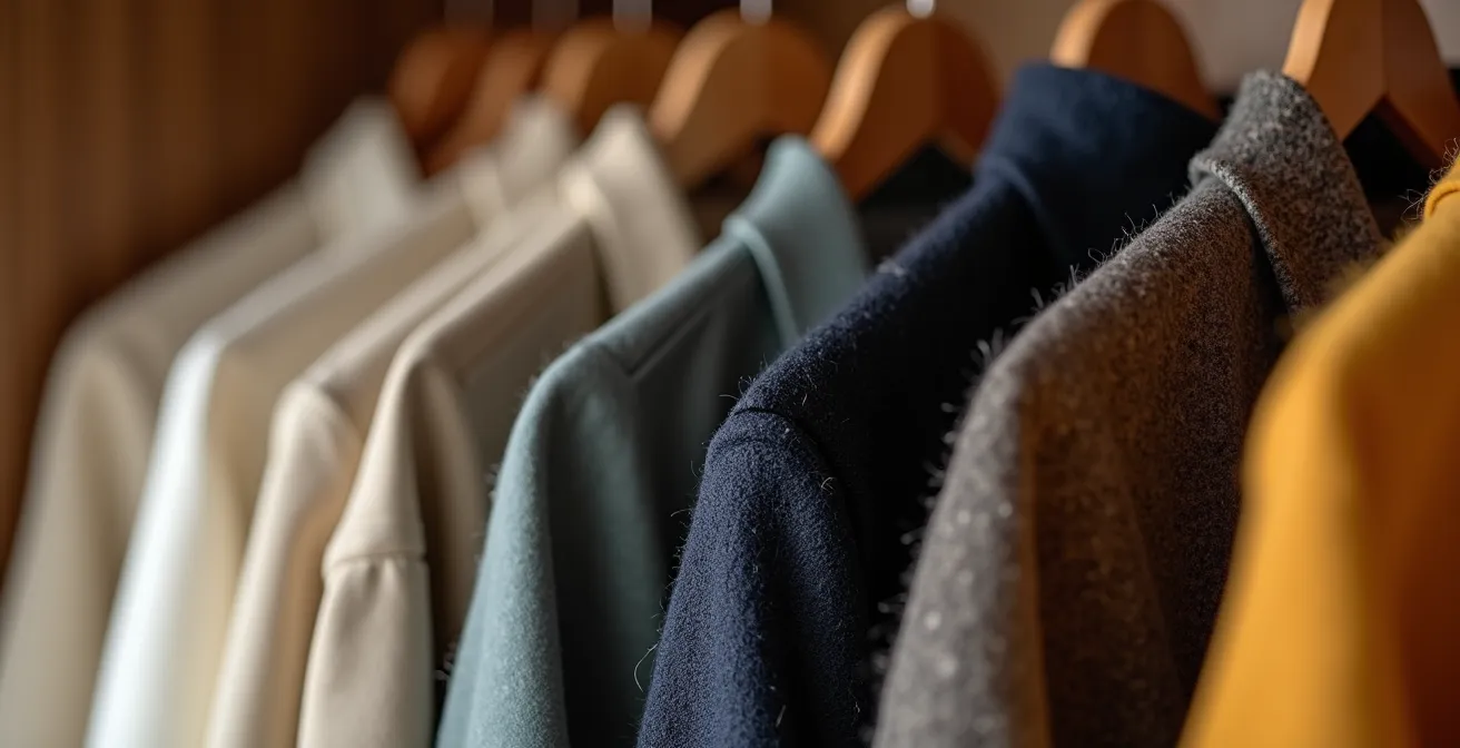 Perfekt organisierter Kleiderschrank mit drei farblich sortierten Zonen