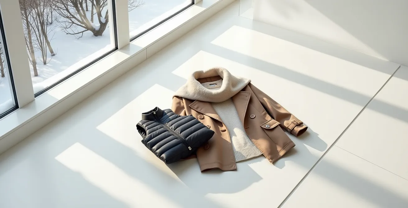 Stilvolle Layering-Kombination für deutsches Wetter, minimalistisch auf einer Fläche arrangiert.