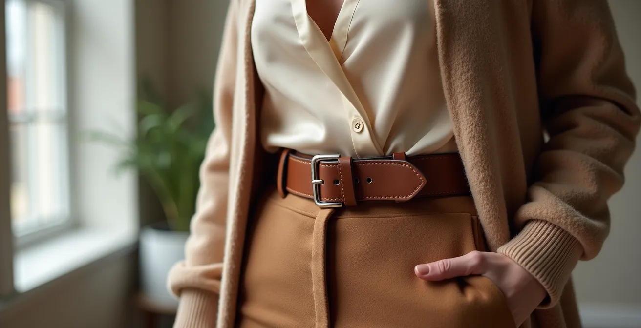 Frau demonstriert verschiedene Layering-Techniken mit Cardigan und Gürtel