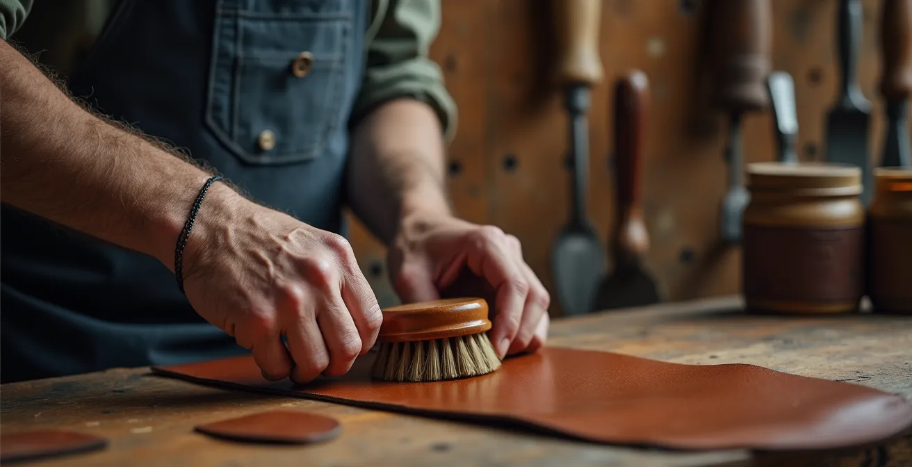 Nahaufnahme von Händen bei der Lederpflege mit traditionellen Werkzeugen