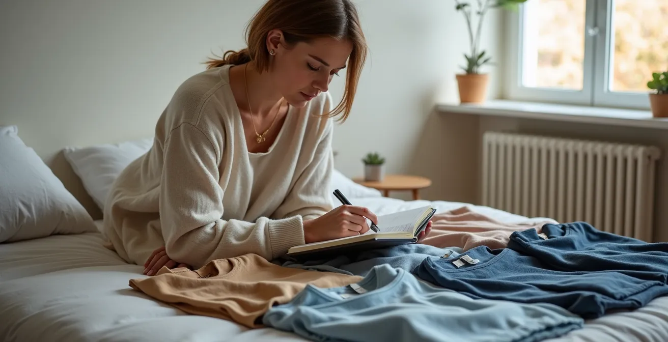 Frau analysiert ihre Garderobe mit Notizen und Farbpaletten