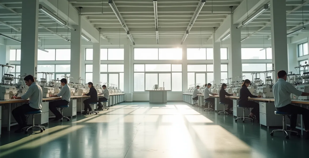 Weitwinkelaufnahme einer modernen deutschen Textilfabrik mit natürlichem Licht