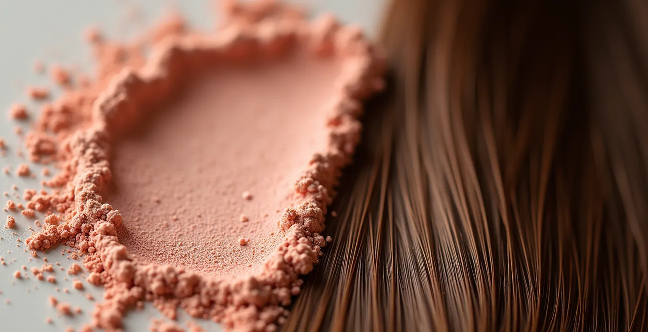 Makroaufnahme zeigt Kontrast zwischen matter Pudertextur und glänzendem Haar