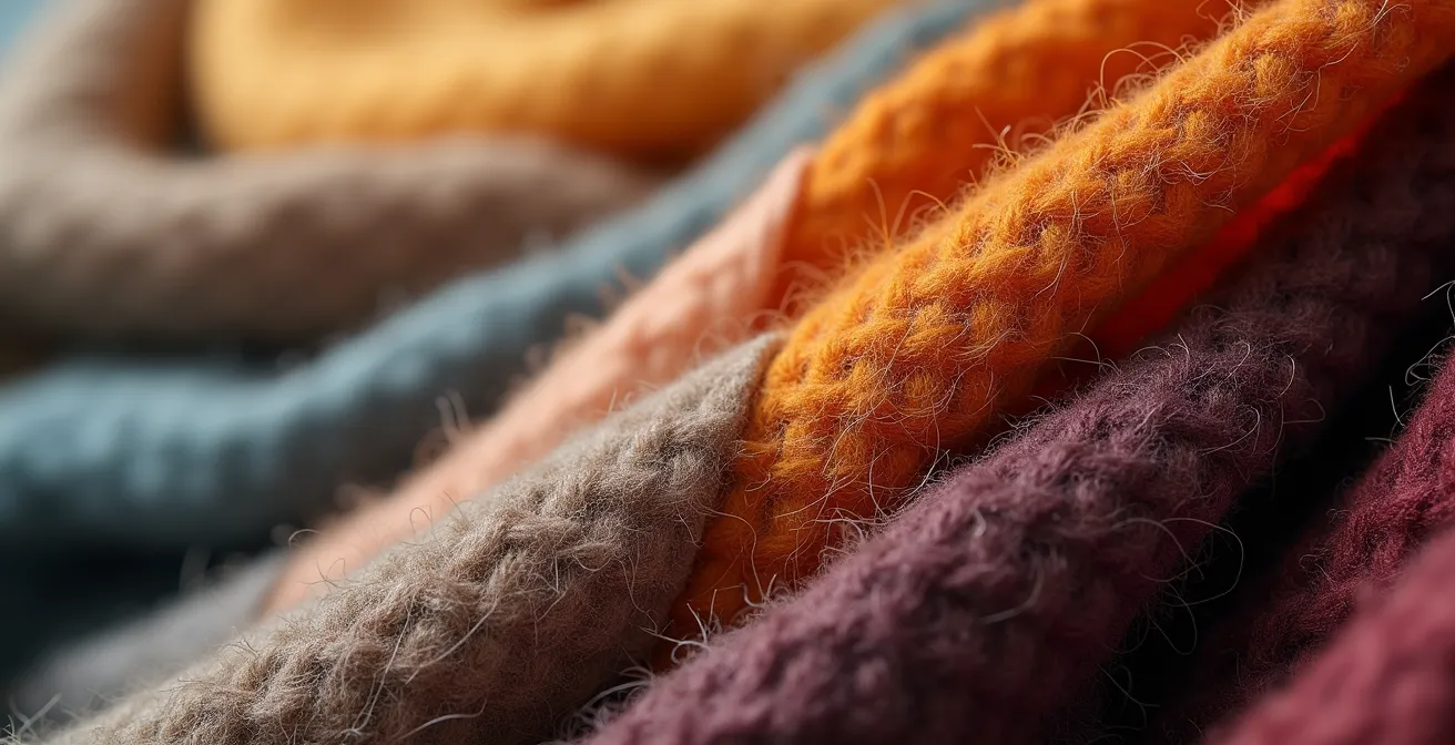 Makroaufnahme verschiedener hochwertiger Stofftexturen wie Seide, Wolle und Kaschmir, die ineinander übergehen.