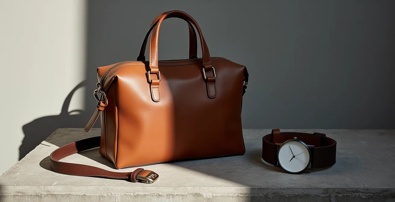 Eine Auswahl minimalistischer Accessoires wie eine Uhr und ein Ledergürtel, die für urbanen Chic stehen.