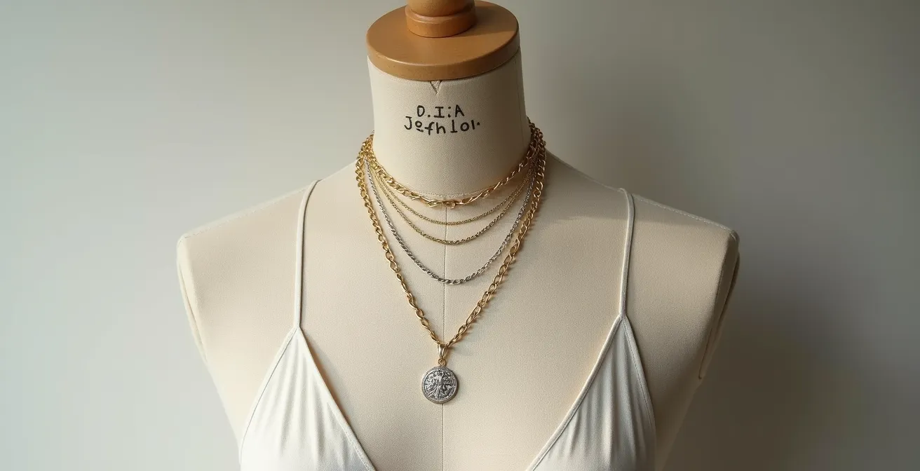 Elegante Darstellung von geschichtetem Schmuck im minimalistischen deutschen Designstil