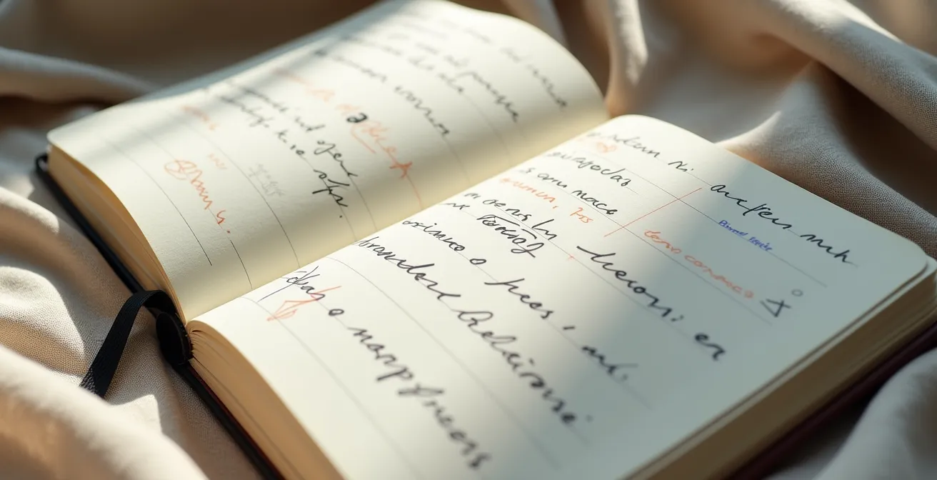 Visuelle Darstellung eines Journals zur Verfolgung nachhaltiger Modeentscheidungen mit handgezeichneten Fortschrittsdiagrammen.