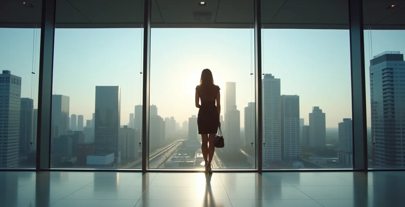 Professionelle Geschäftsfrau in modernem deutschen Büroumfeld, die durch ihre Haltung und Kleidung Autorität ausstrahlt.